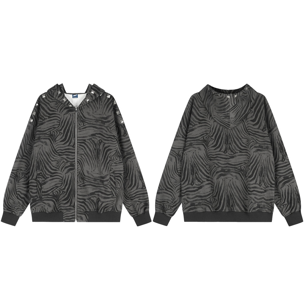 Zebra print hooded sweatshirt with rivets loose casual jacket
