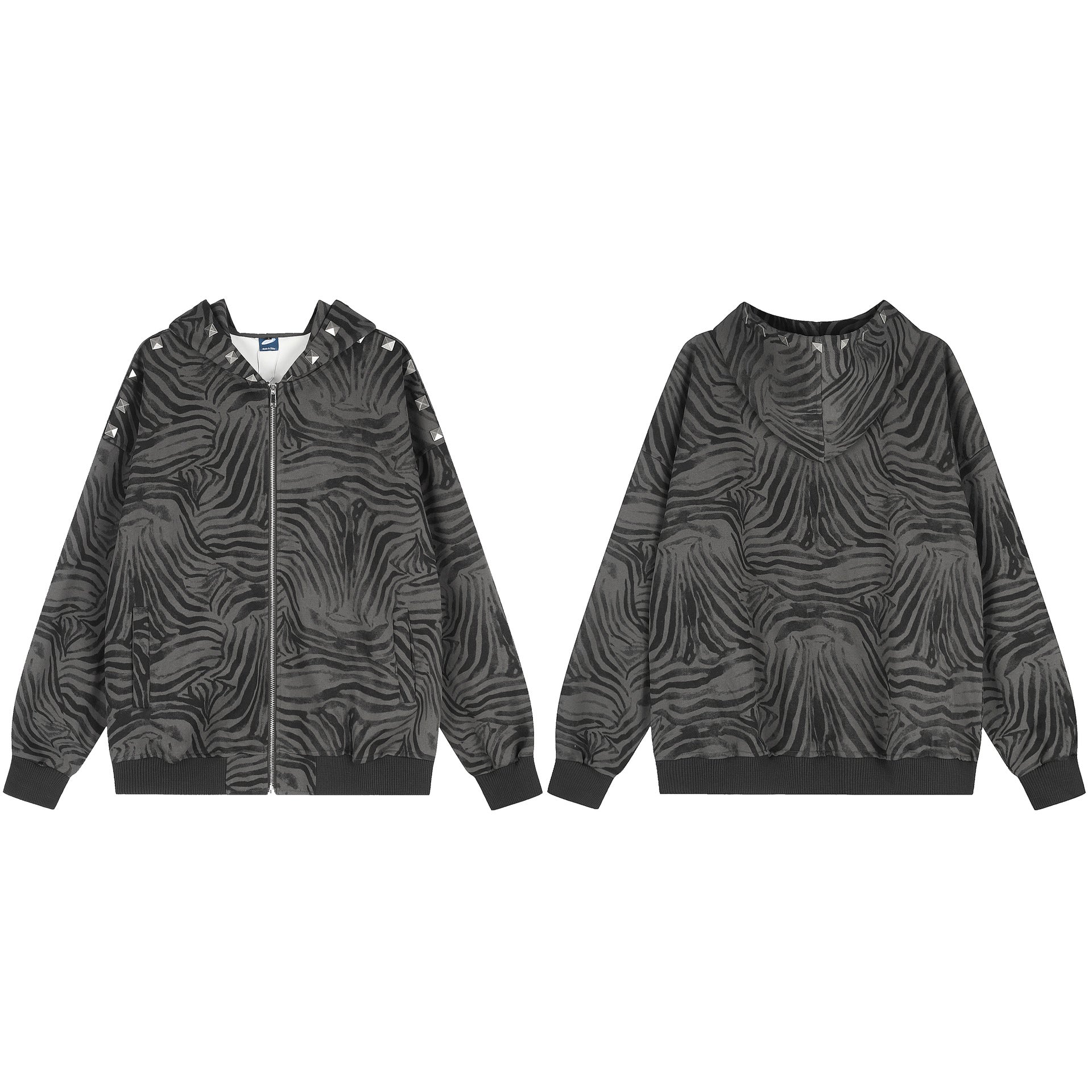 Zebra print hooded sweatshirt with rivets loose casual jacket
