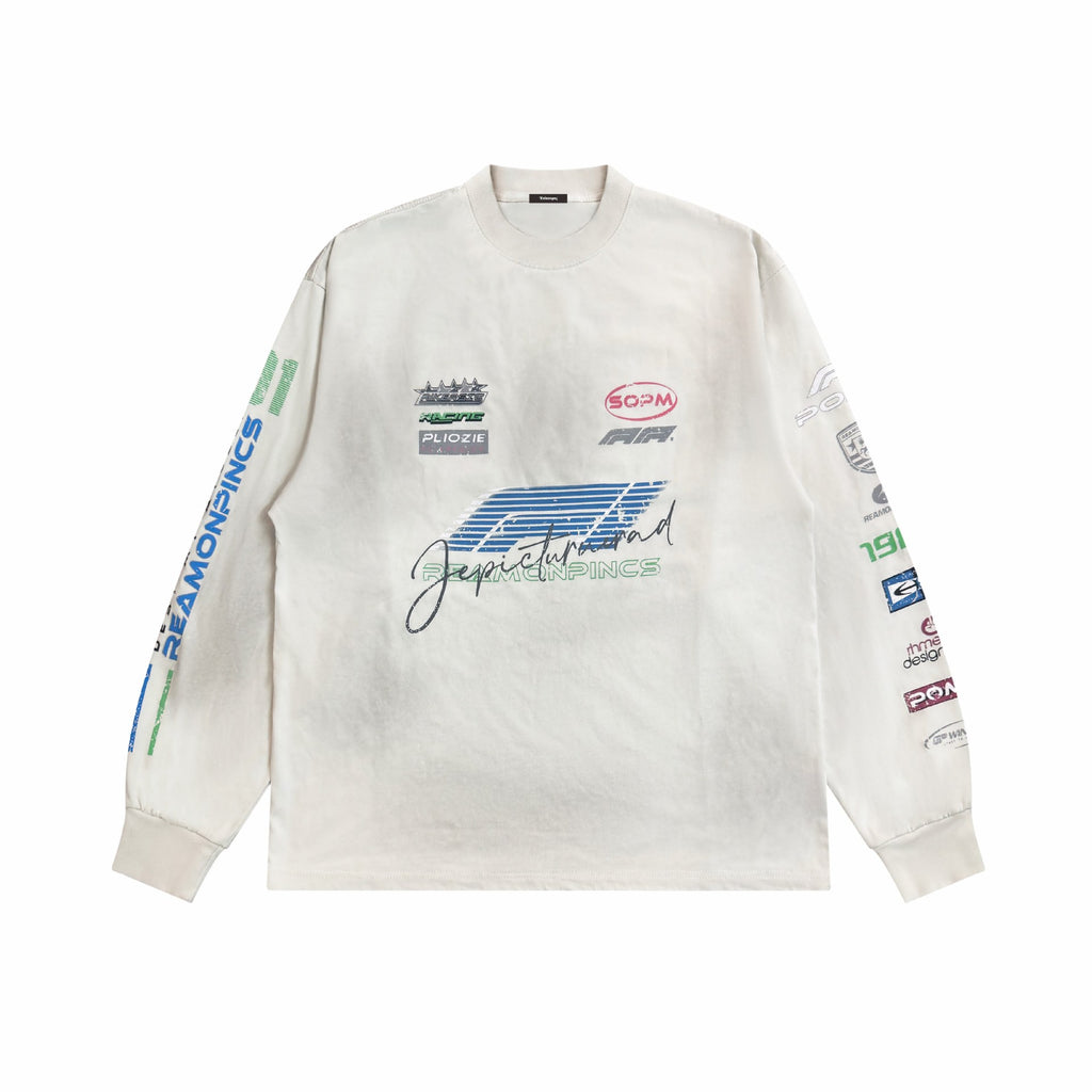Graffiti Patch Washed Spray Color Distressed Crew Neck Long Sleeve T-Shirt