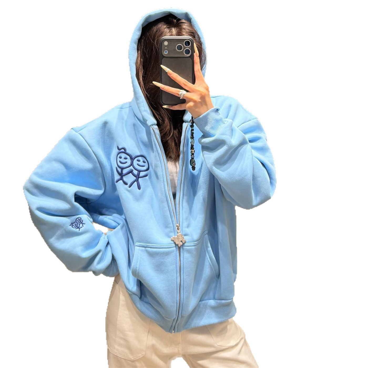Chalkstick Embroidery Hoodie, Loose Casual Open Front Jacket