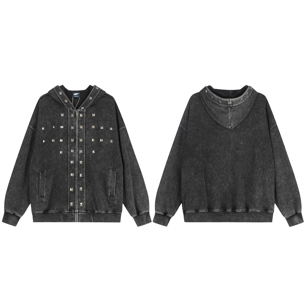 Punk Abi style rivet hooded sweatshirt cardigan jacket