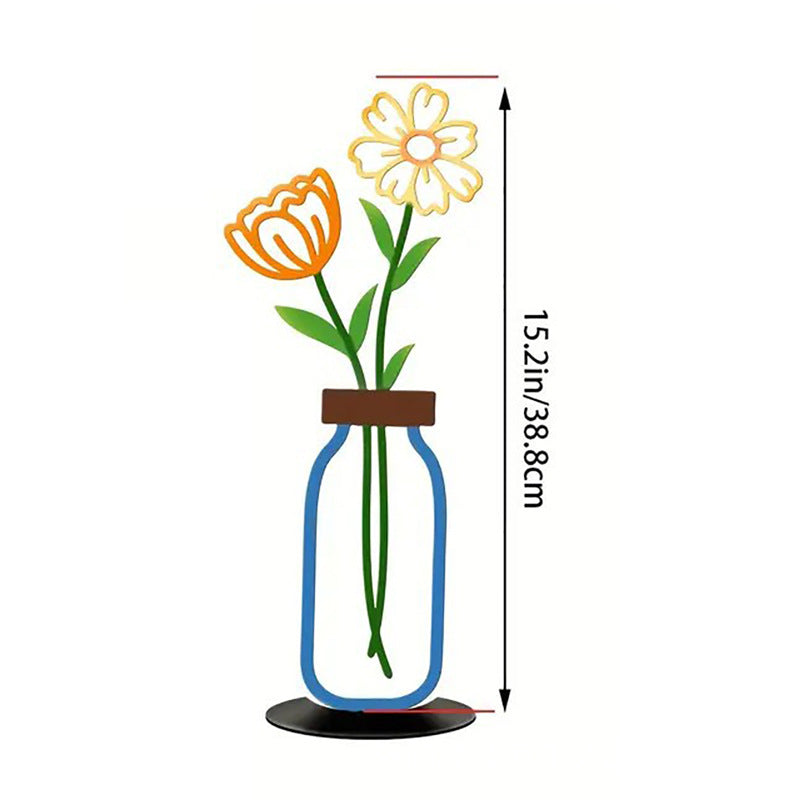 Wall Decoration Art Piece - 2D Flat Colorful Printed Vase with Flower Insert, Wall Silhouette for Living Room Interior Decor