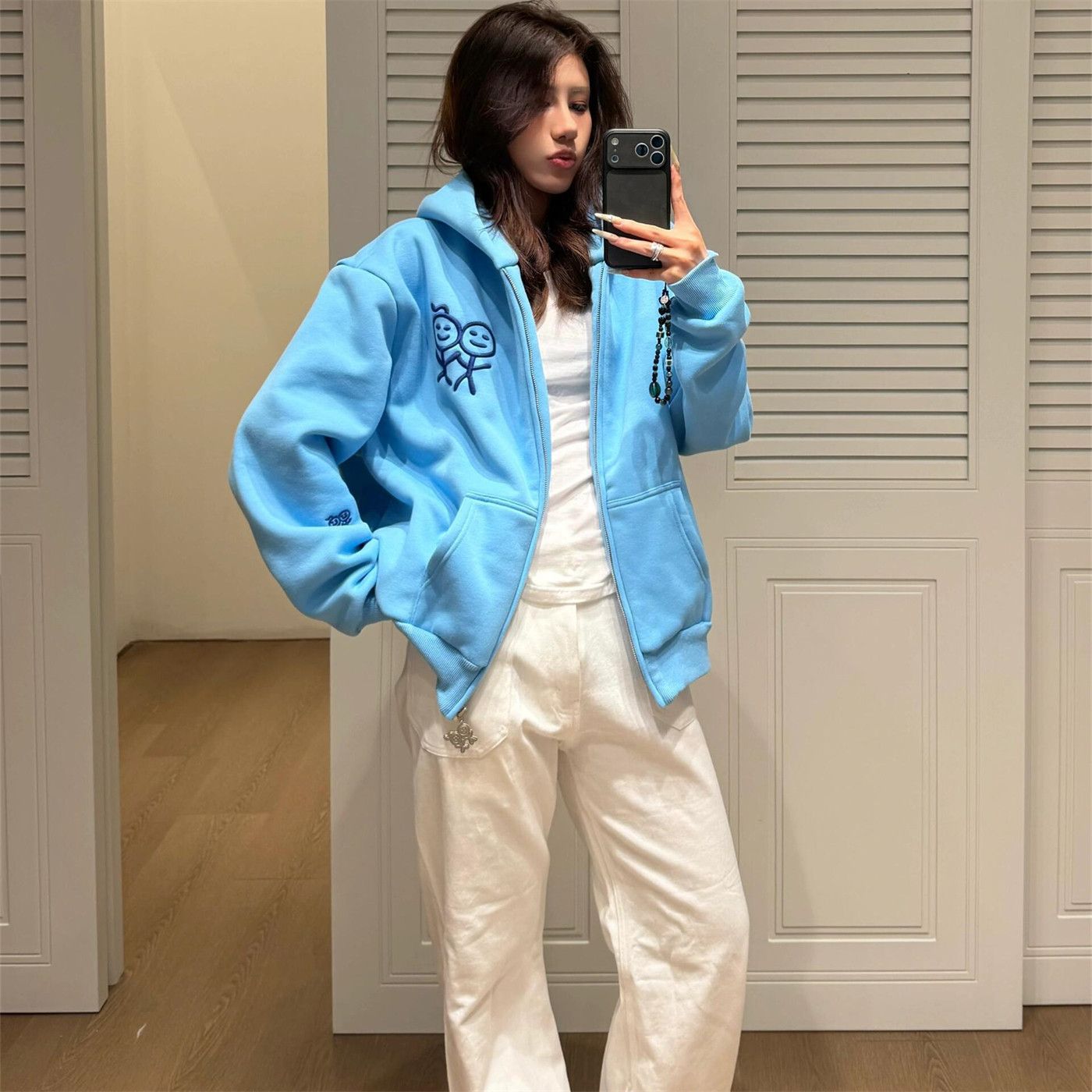 Chalkstick Embroidery Hoodie, Loose Casual Open Front Jacket