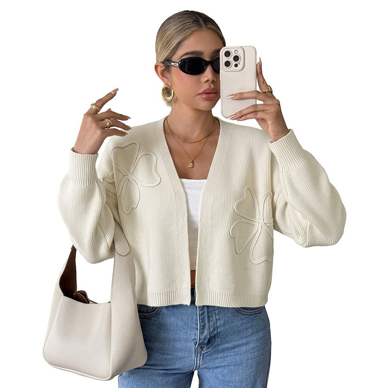 Solid color loose embroidered long sleeved cardigan sweater