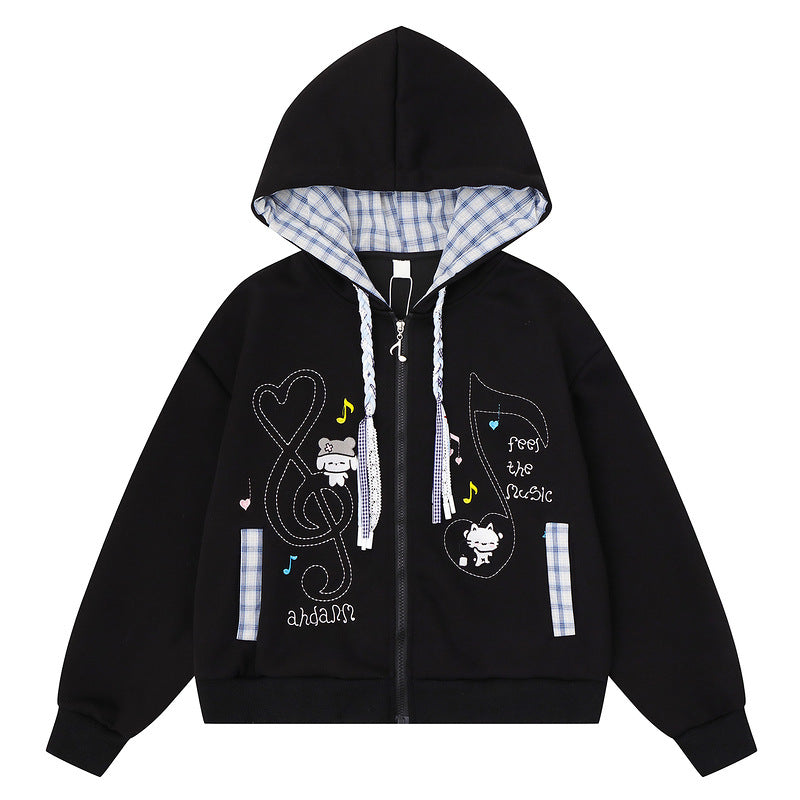 Sweet girl plaid inner hooded cardigan jacket for women