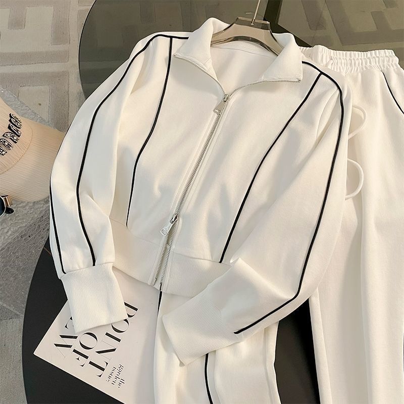 Fall Street-Style Sports Suit for Women, Fashionable Casual Youthful Zip-Up Hoodie Jacket and Wide-Leg Pants Two-Piece Set Trendy