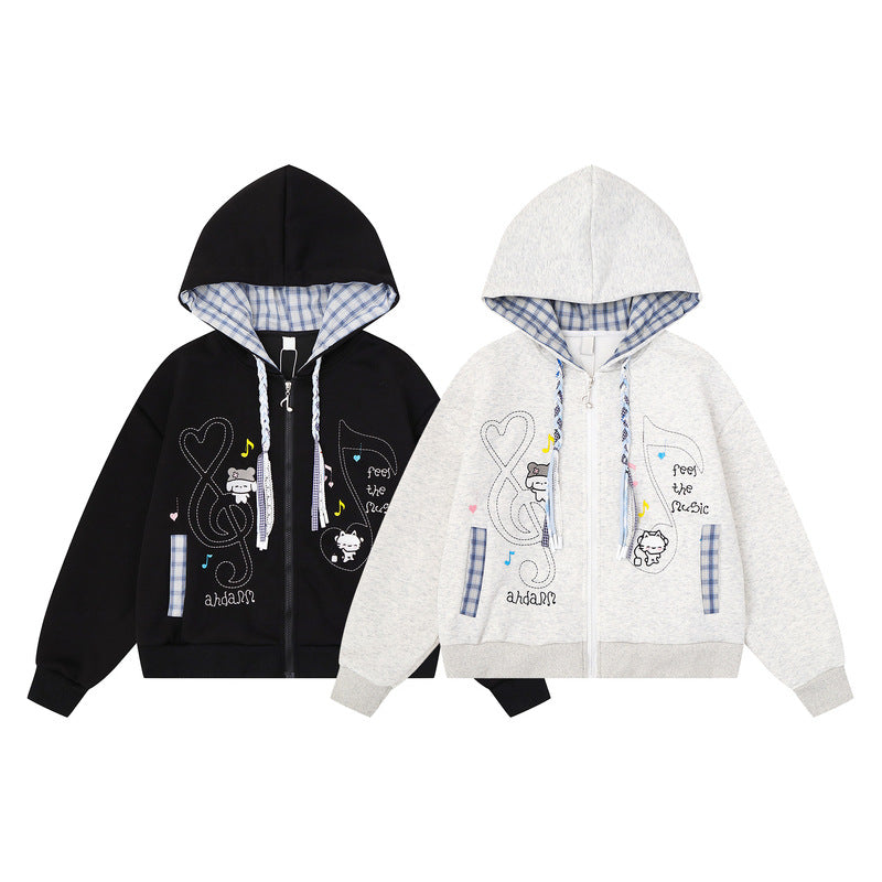 Sweet girl plaid inner hooded cardigan jacket for women
