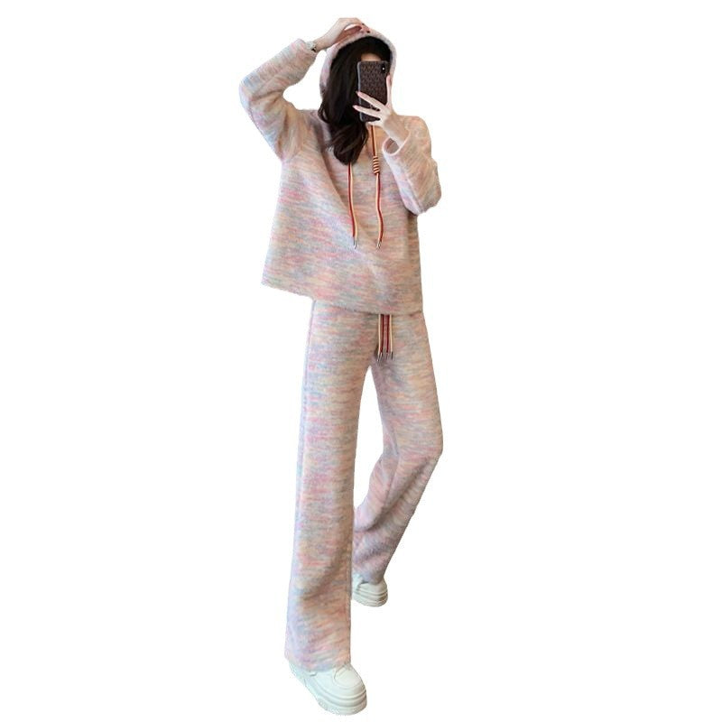 Casual Loose Hoodie and High-Waisted Wide-Leg Pants Two-Piece Set for Women, Rainbow Color, Lazy Style, Autumn and Spring Wear
