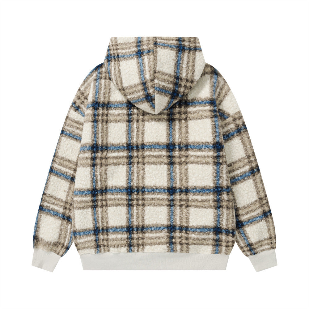 Plaid lamb wool hooded sweatshirt