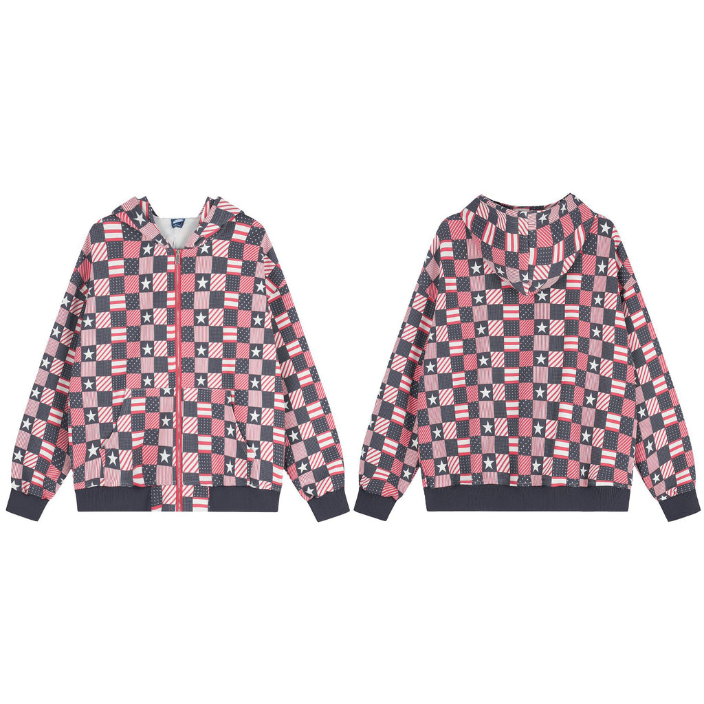 Casual hooded zipper checkered jacket for women