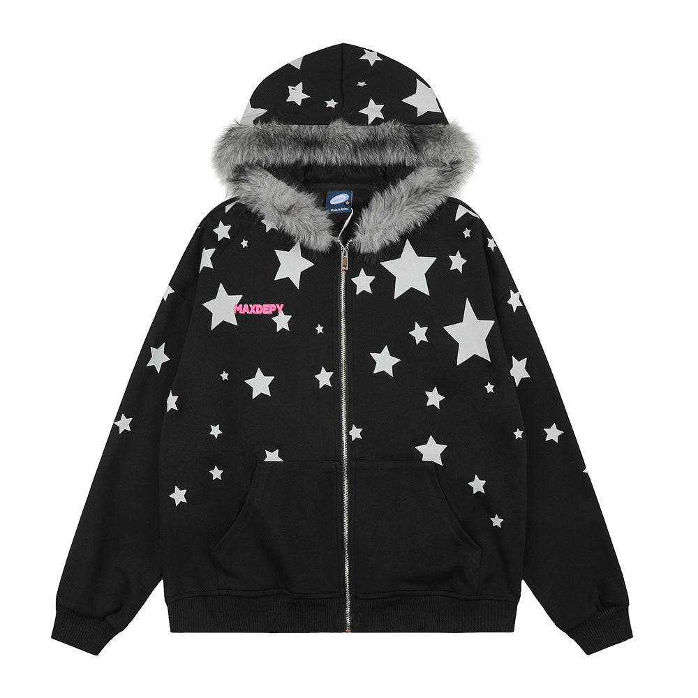 Starry printed hooded cardigan sweatshirt