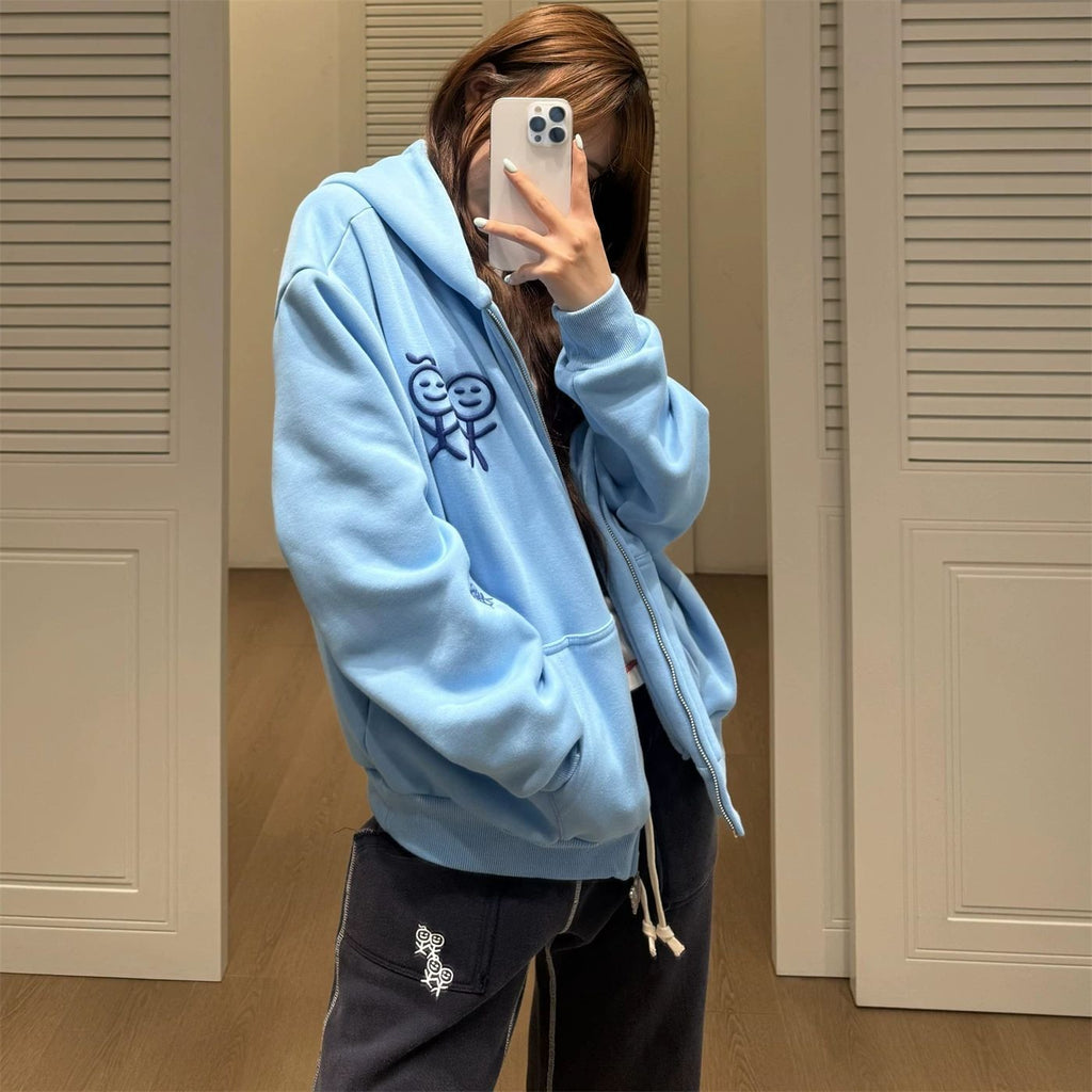 Chalkstick Embroidery Hoodie, Loose Casual Open Front Jacket