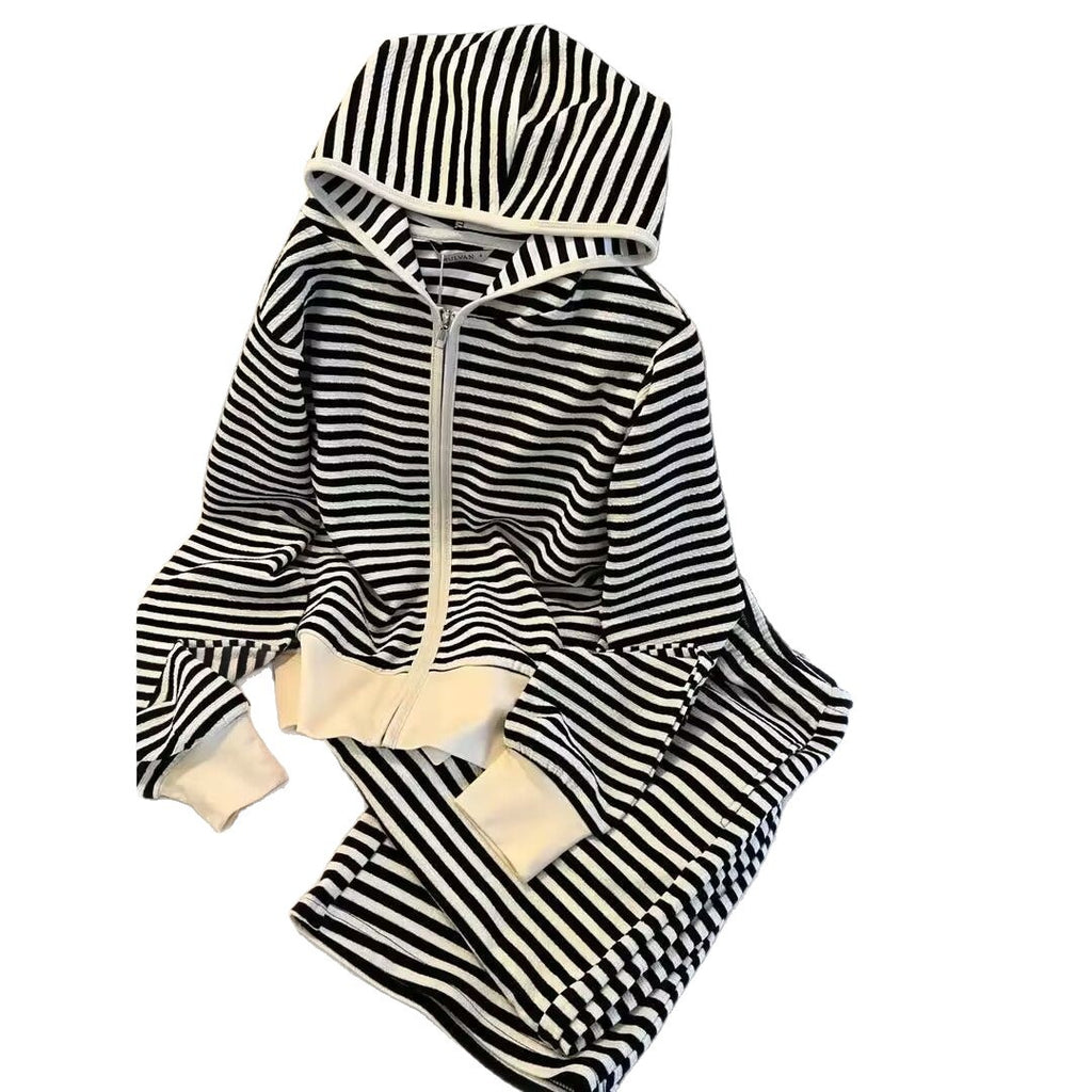 Striped Hoodie Set for Women, Casual Long Sleeve Outerwear with Wide-Leg Pants Two-Piece Outfit