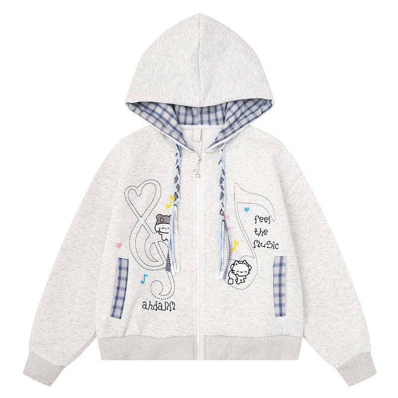 Sweet girl plaid inner hooded cardigan jacket for women