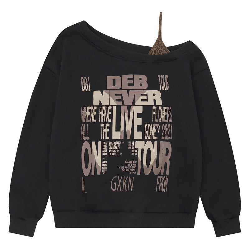 Slanted shoulder off shoulder short hoodie with stacked leopard print