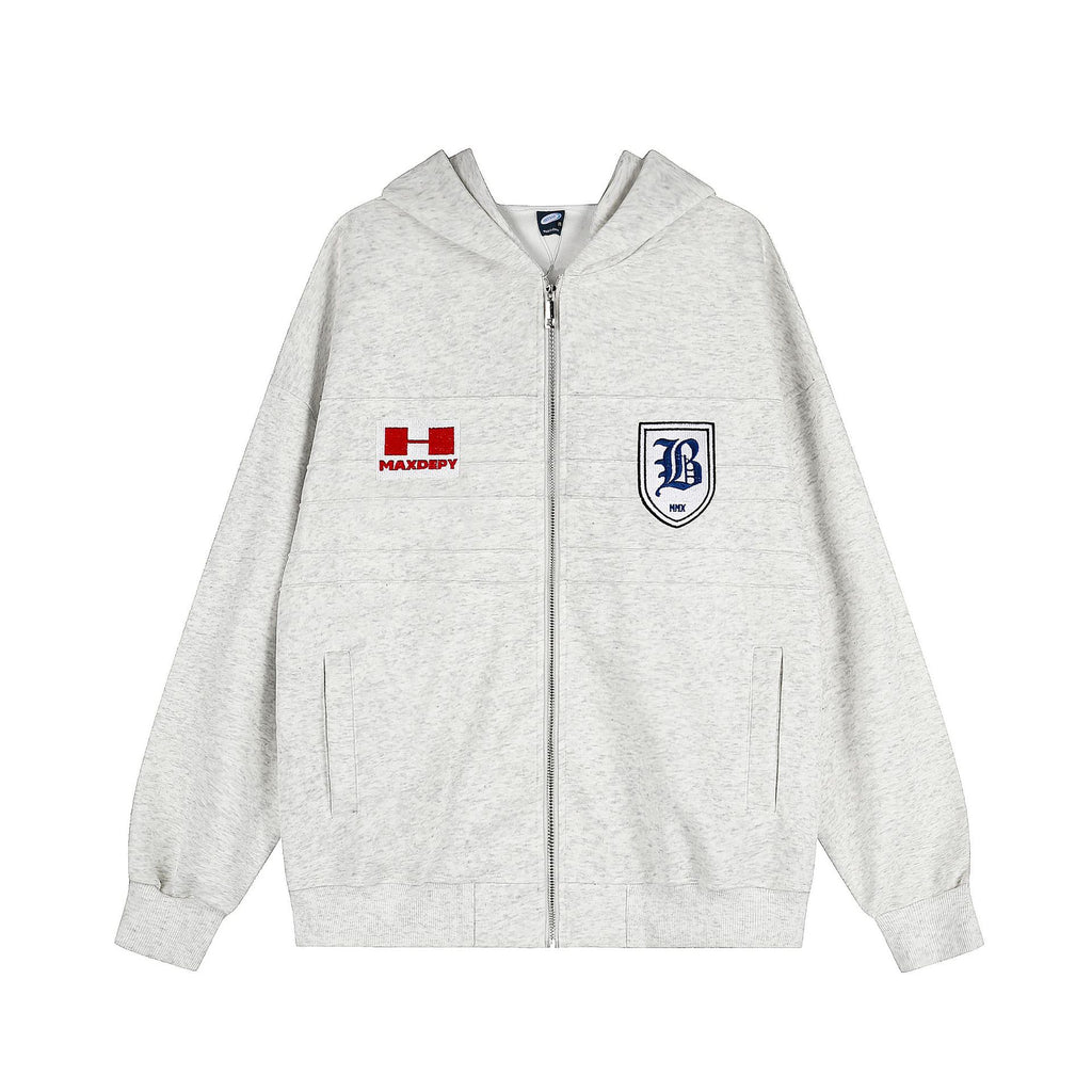 Emblem embroidery hooded cardigan sweatshirt zipper jacket