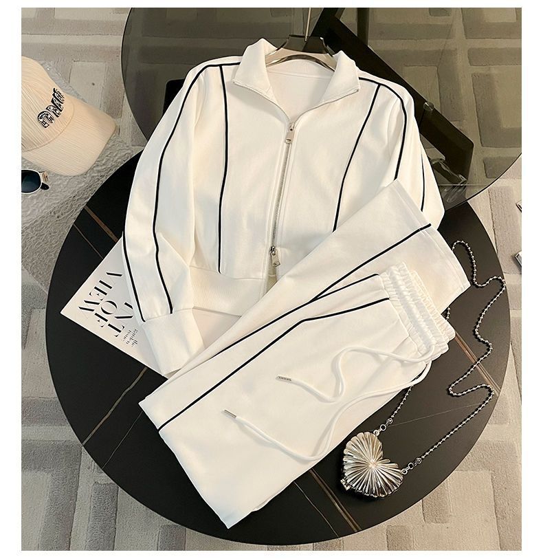 Fall Street-Style Sports Suit for Women, Fashionable Casual Youthful Zip-Up Hoodie Jacket and Wide-Leg Pants Two-Piece Set Trendy