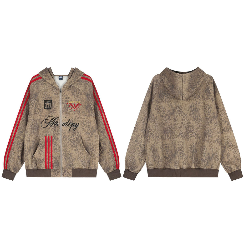 Leopard print hooded sweatshirt cardigan with side striped jacket
