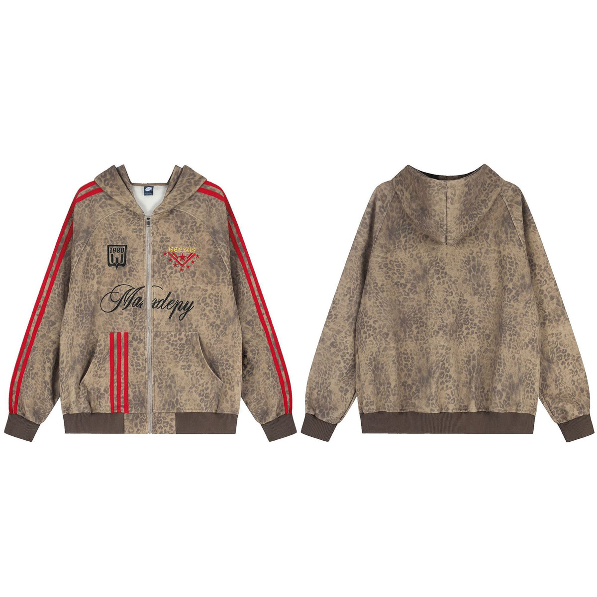 Leopard print hooded sweatshirt cardigan with side striped jacket