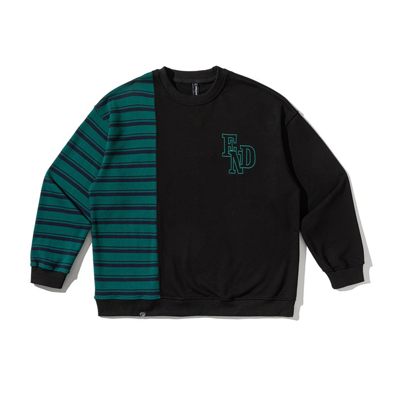 Casual Letter Embroidery Stripe Color Block Loose Hooded Sweatshirt