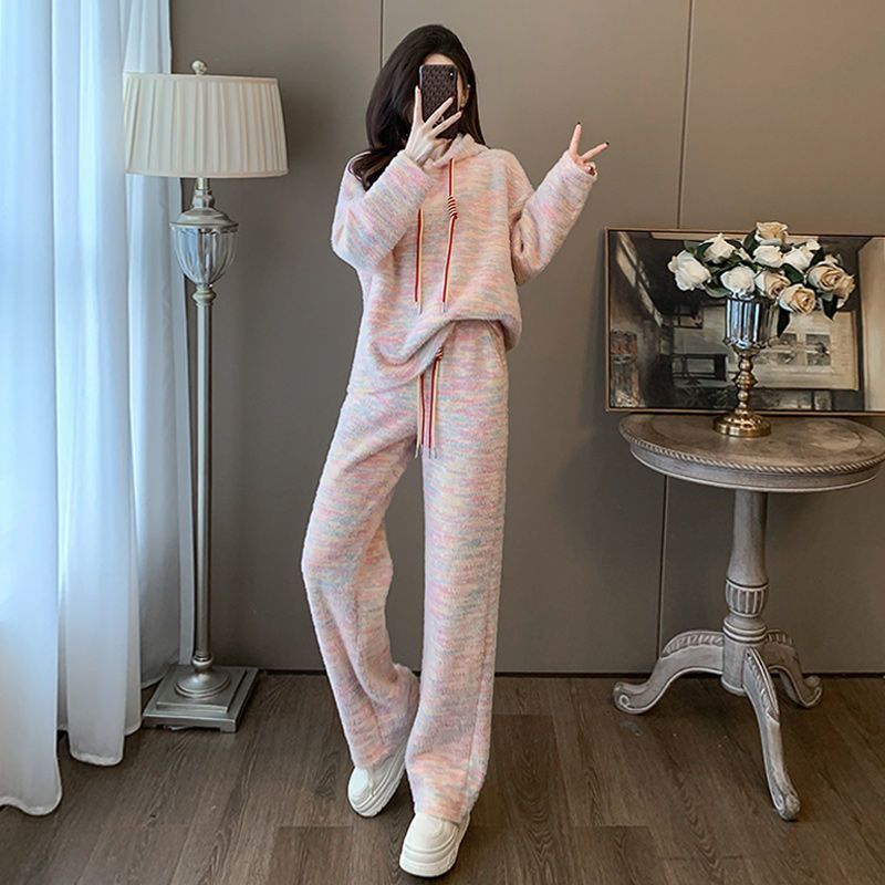 Casual Loose Hoodie and High-Waisted Wide-Leg Pants Two-Piece Set for Women, Rainbow Color, Lazy Style, Autumn and Spring Wear