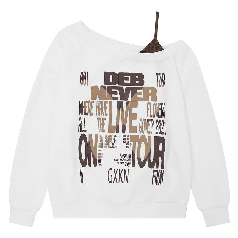 Slanted shoulder off shoulder short hoodie with stacked leopard print