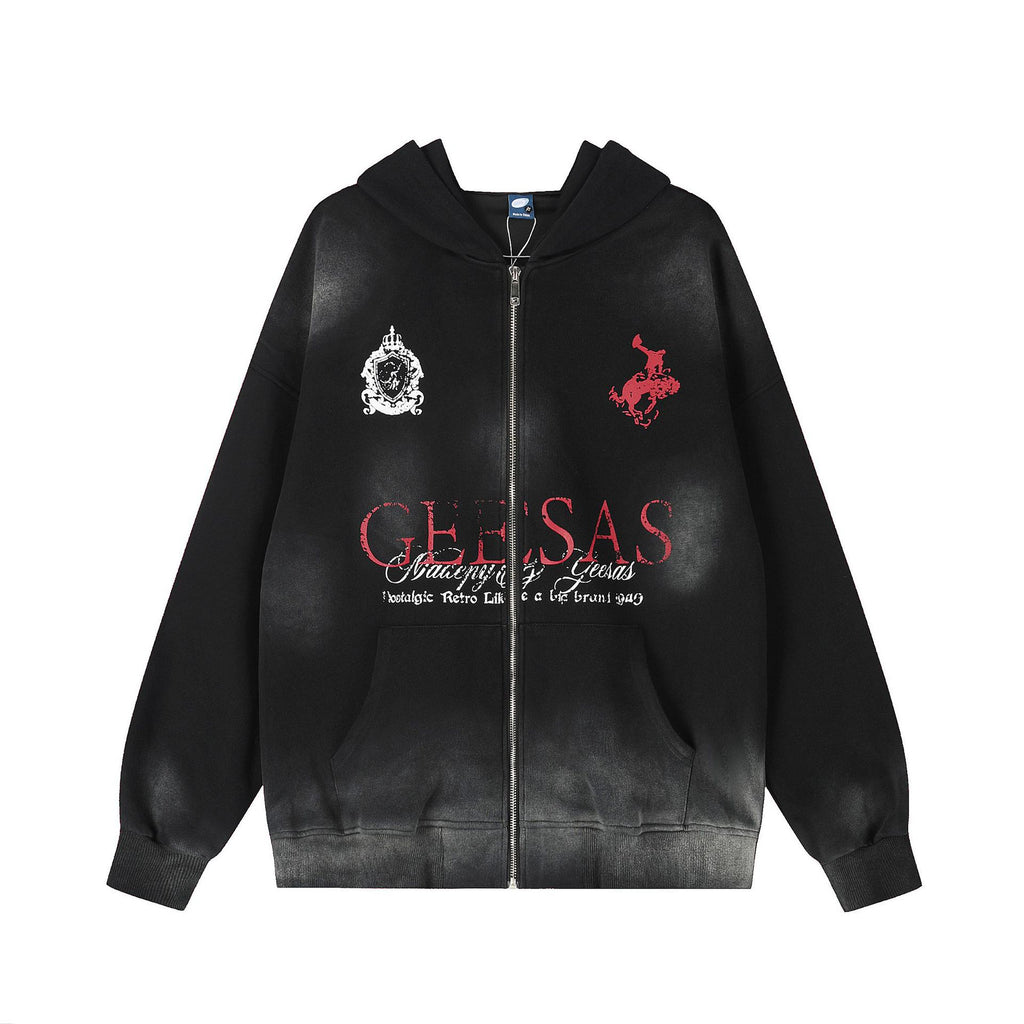 Letter washed hoodie cardigan versatile jacket
