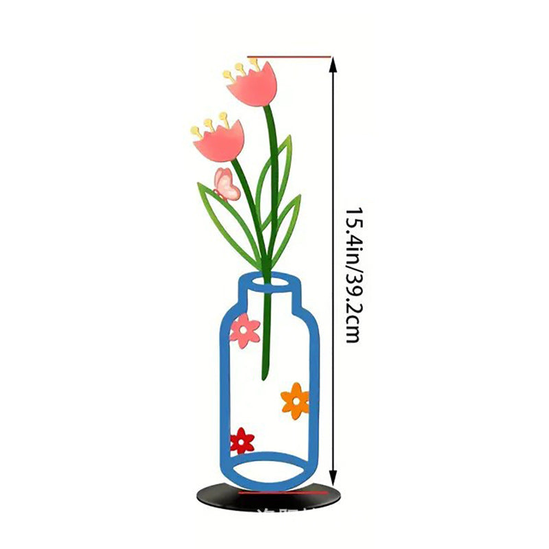 Wall Decoration Art Piece - 2D Flat Colorful Printed Vase with Flower Insert, Wall Silhouette for Living Room Interior Decor