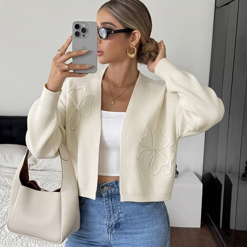 Solid color loose embroidered long sleeved cardigan sweater