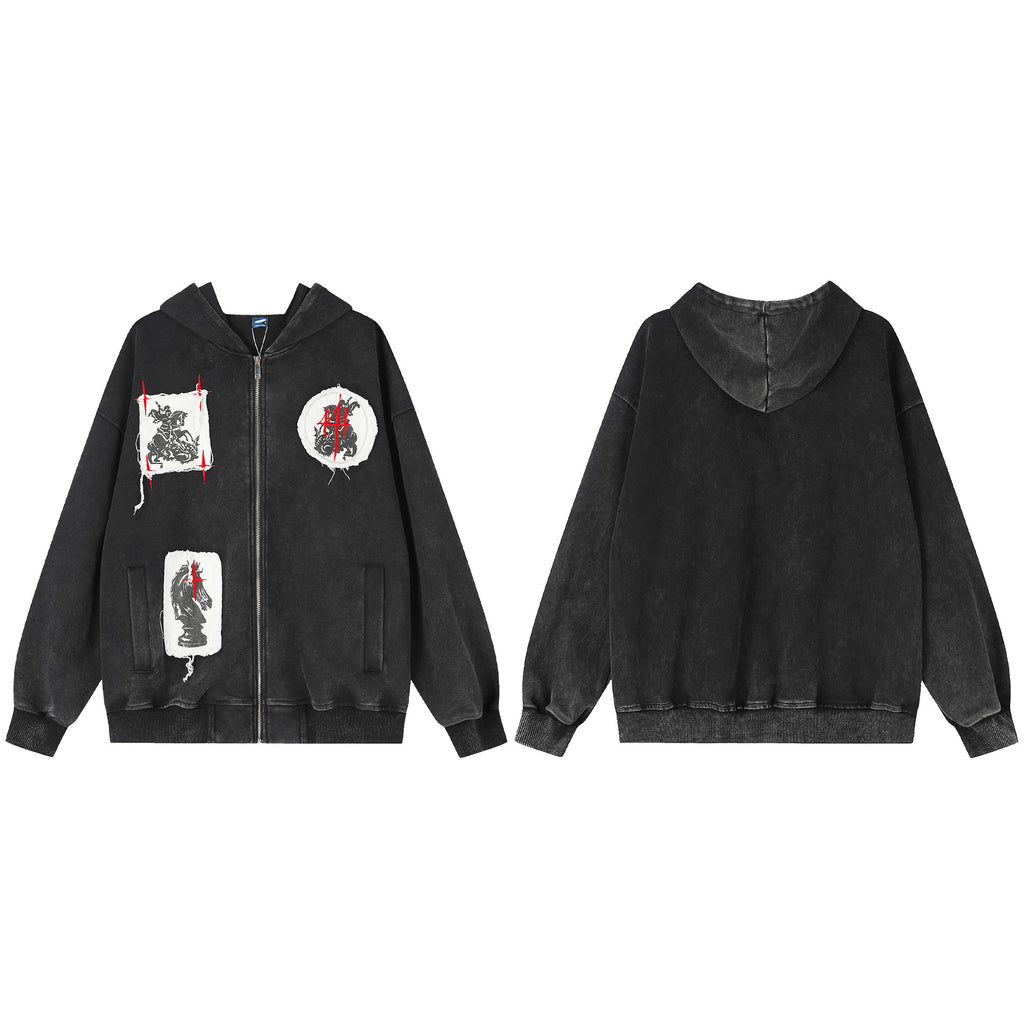 Hip hop patchwork embroidered hooded sweatshirt cardigan jacket