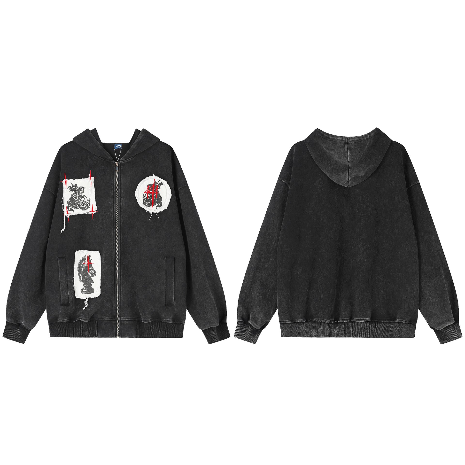 Hip hop patchwork embroidered hooded sweatshirt cardigan jacket