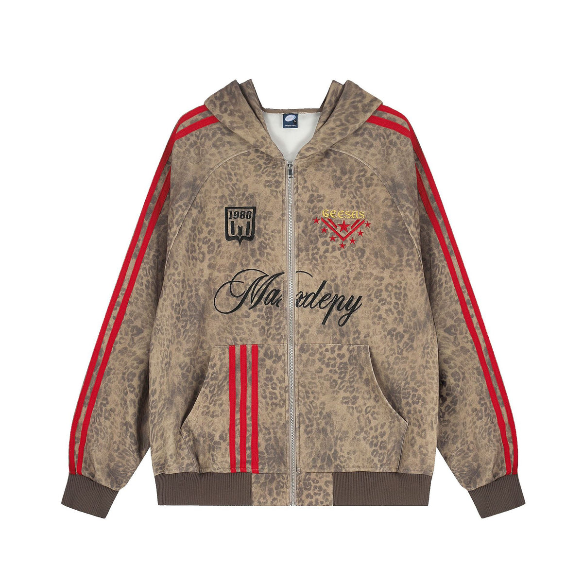 Leopard print hooded sweatshirt cardigan with side striped jacket