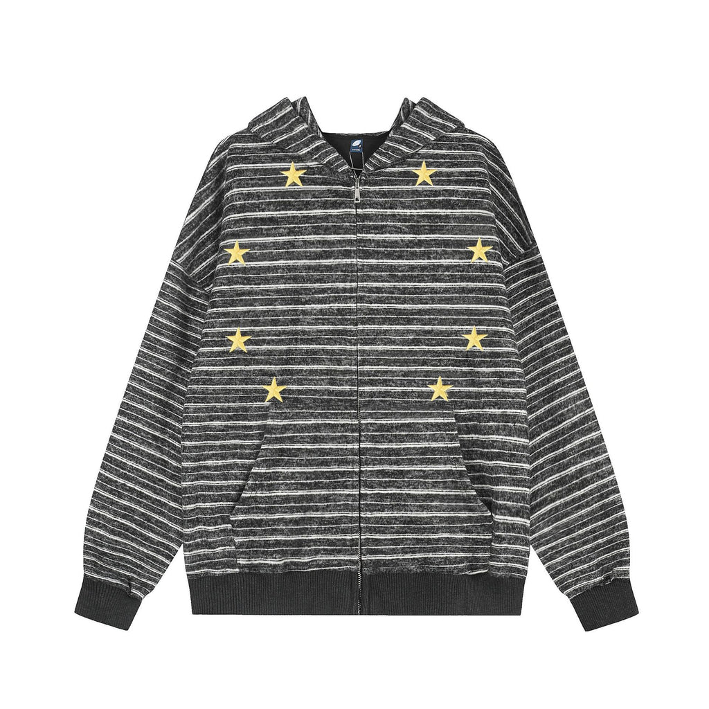 Star embroidered striped hooded sweatshirt casual jacket