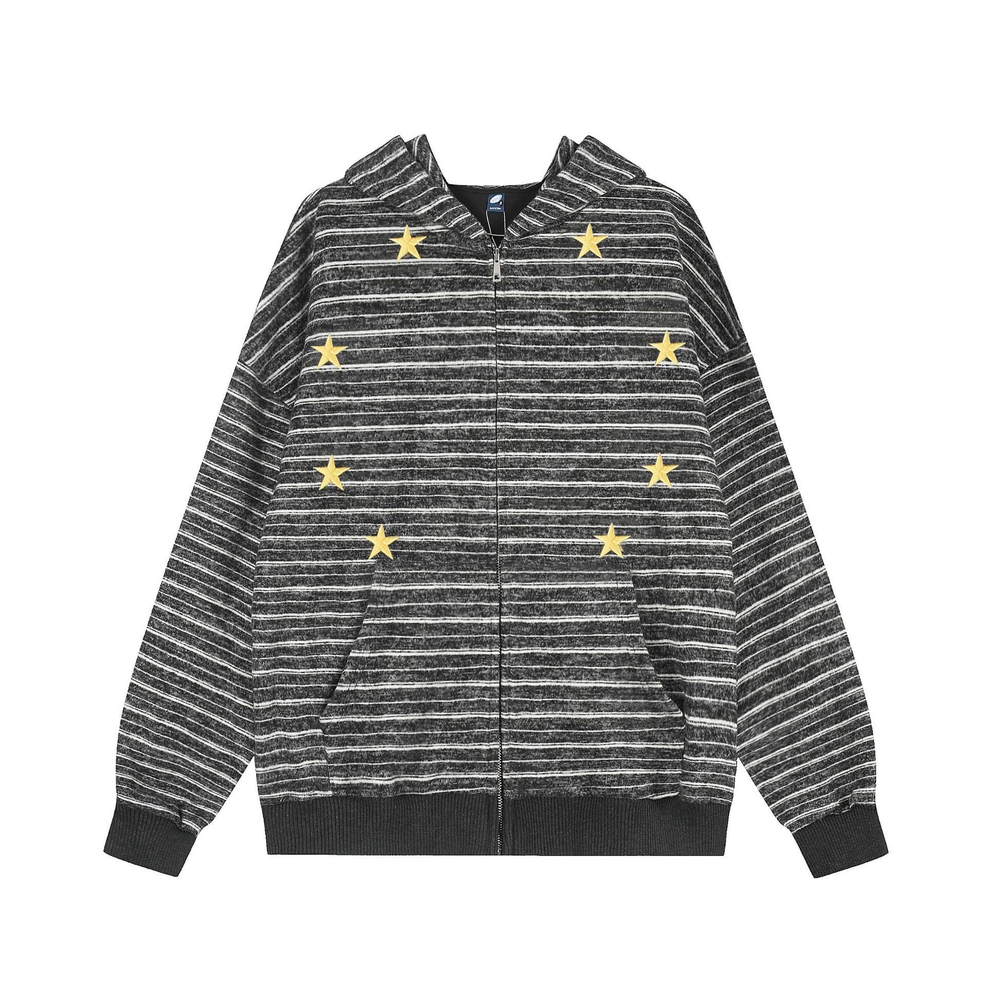 Star embroidered striped hooded sweatshirt casual jacket