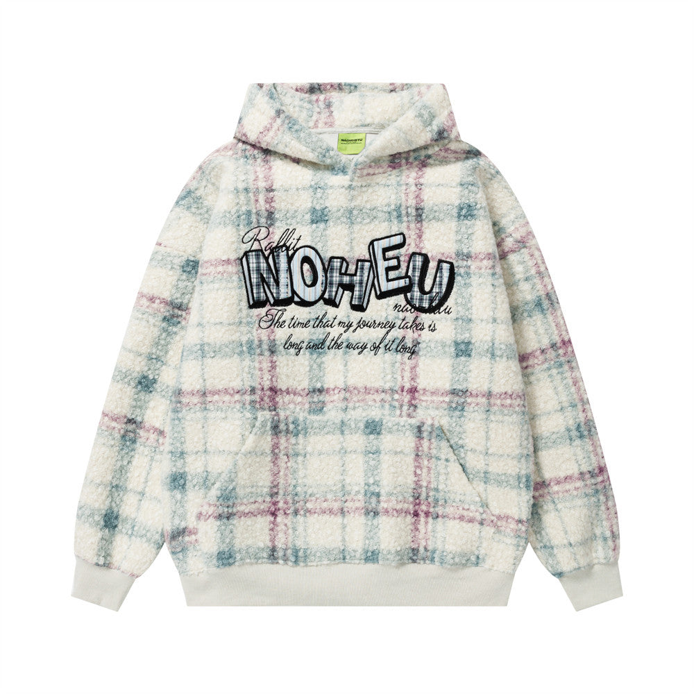 Plaid lamb wool hooded sweatshirt