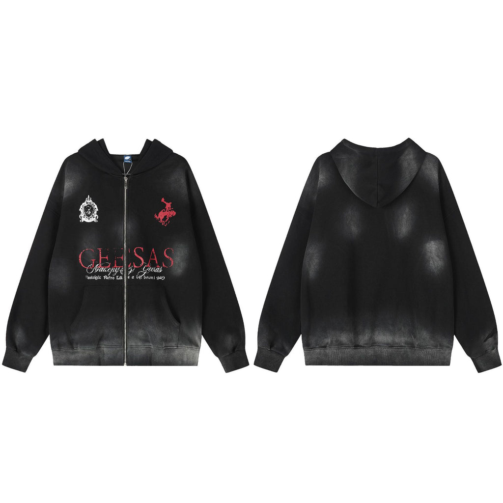 Letter washed hoodie cardigan versatile jacket