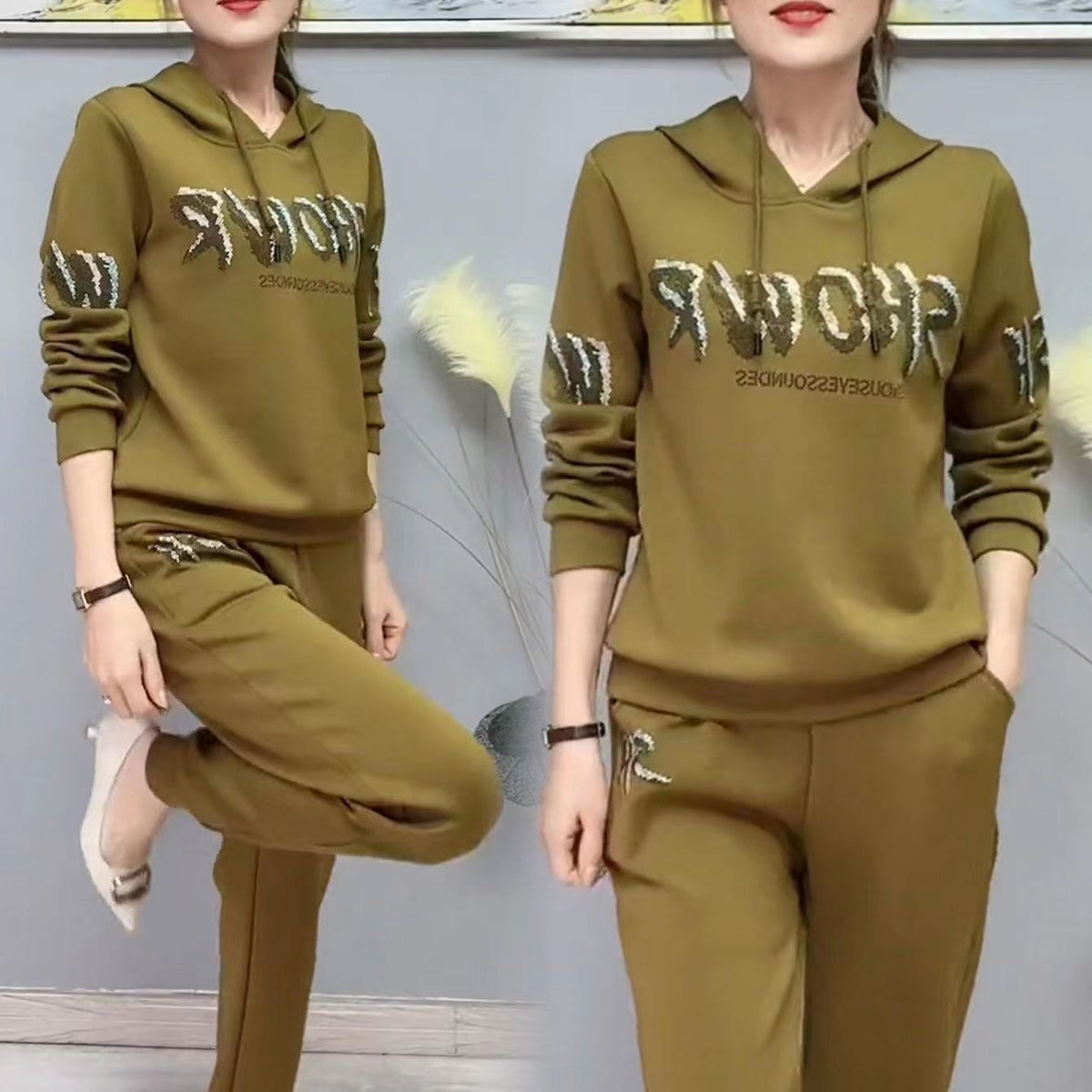 Stylish Rhinestone Embellished Loose Hooded Tracksuit Set for Women, Plus Size, Autumn and Spring, Slimming Design, Two-Piece Outfit