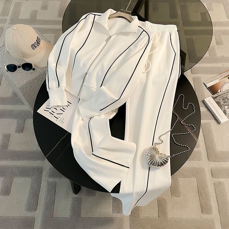 Fall Street-Style Sports Suit for Women, Fashionable Casual Youthful Zip-Up Hoodie Jacket and Wide-Leg Pants Two-Piece Set Trendy