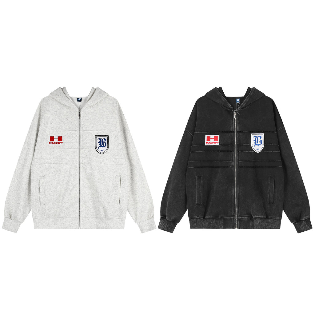 Emblem embroidery hooded cardigan sweatshirt zipper jacket