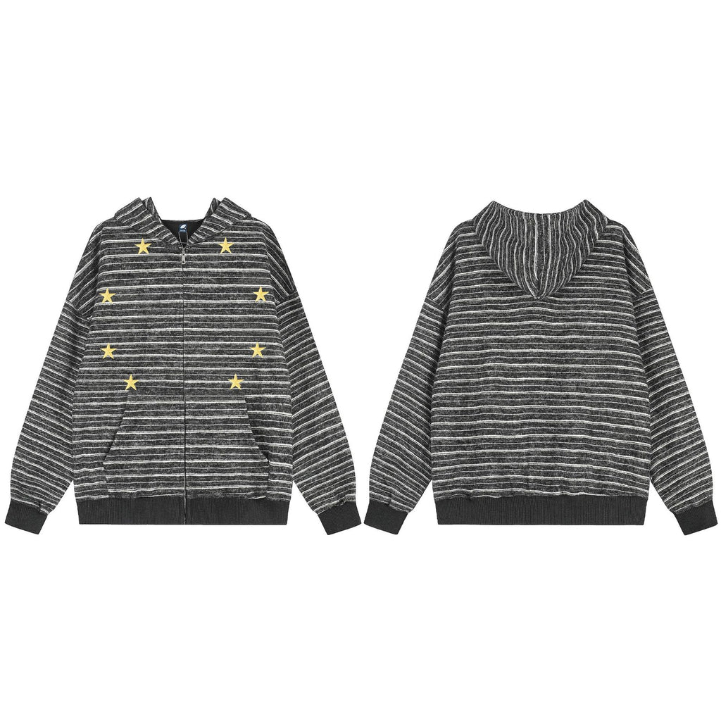 Star embroidered striped hooded sweatshirt casual jacket