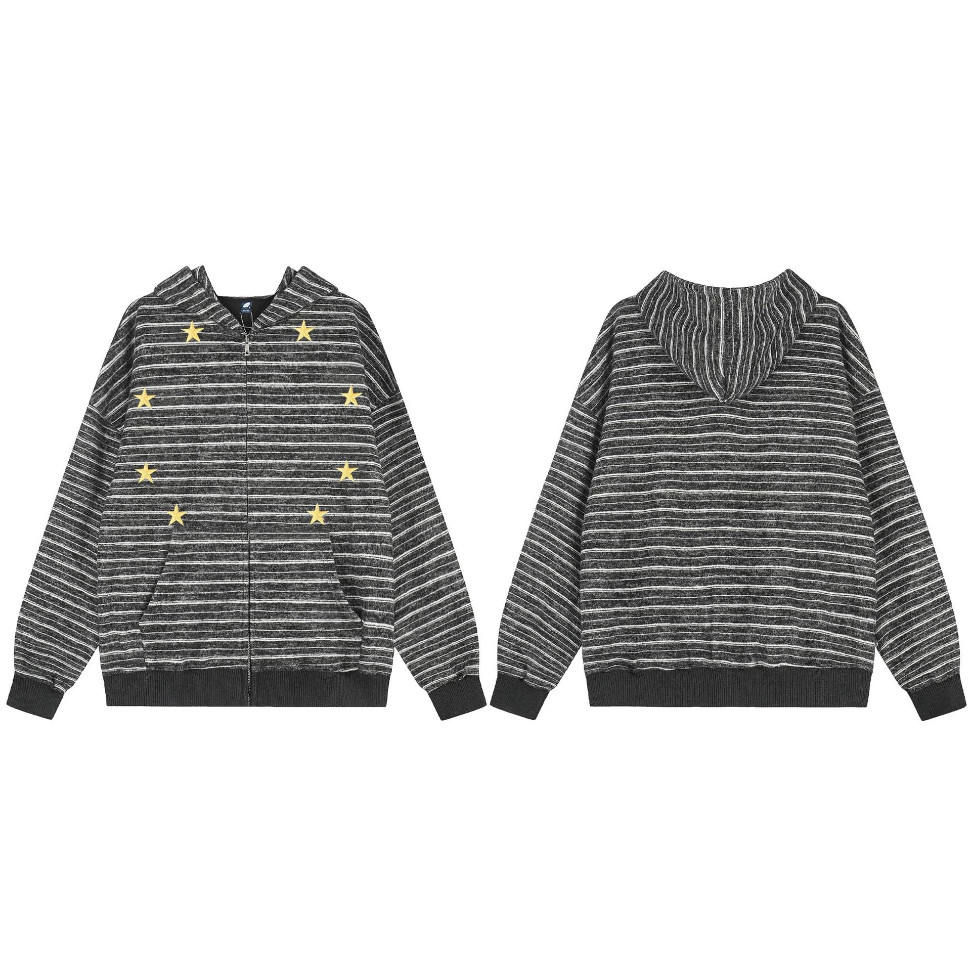 Star embroidered striped hooded sweatshirt casual jacket