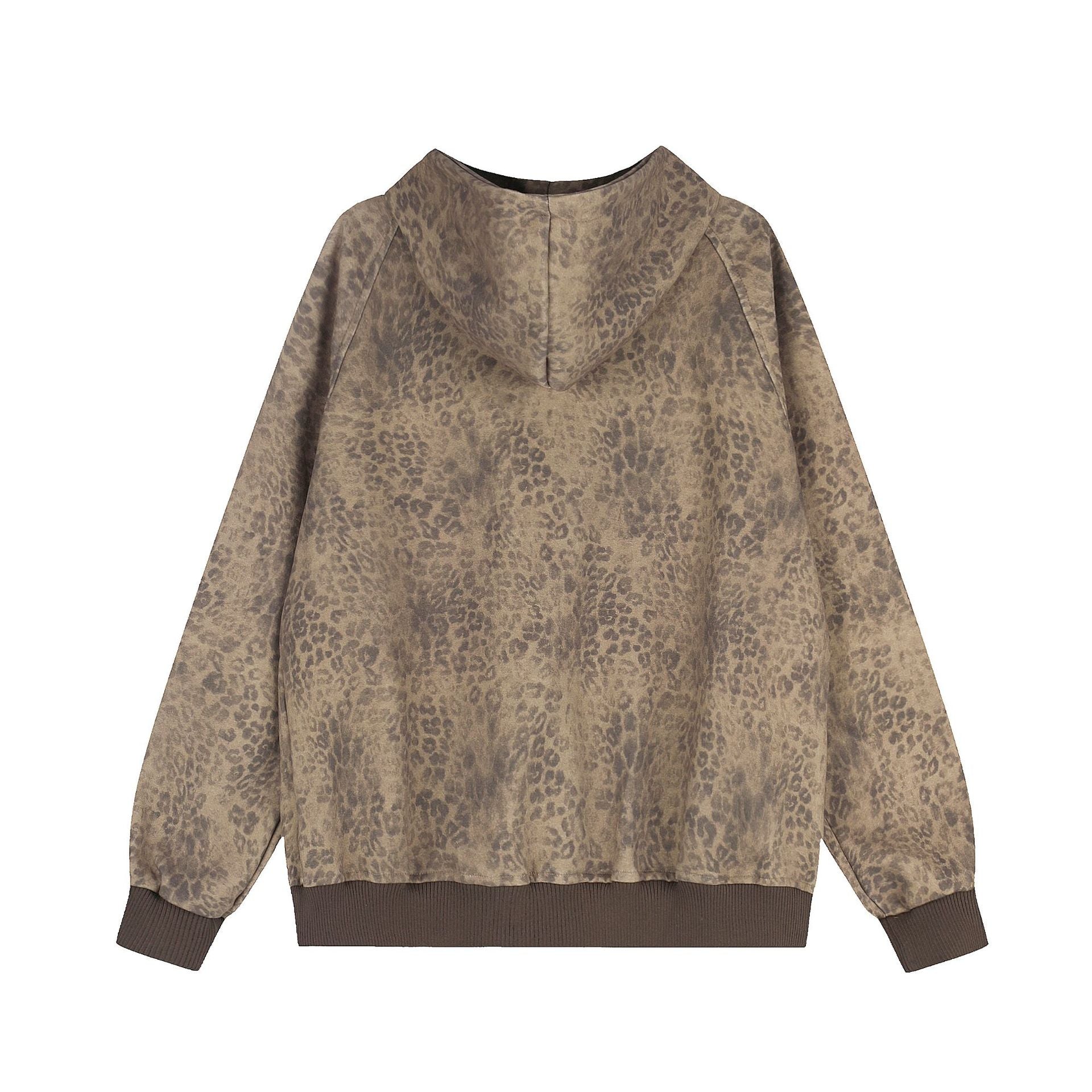 Leopard print hooded sweatshirt cardigan with side striped jacket