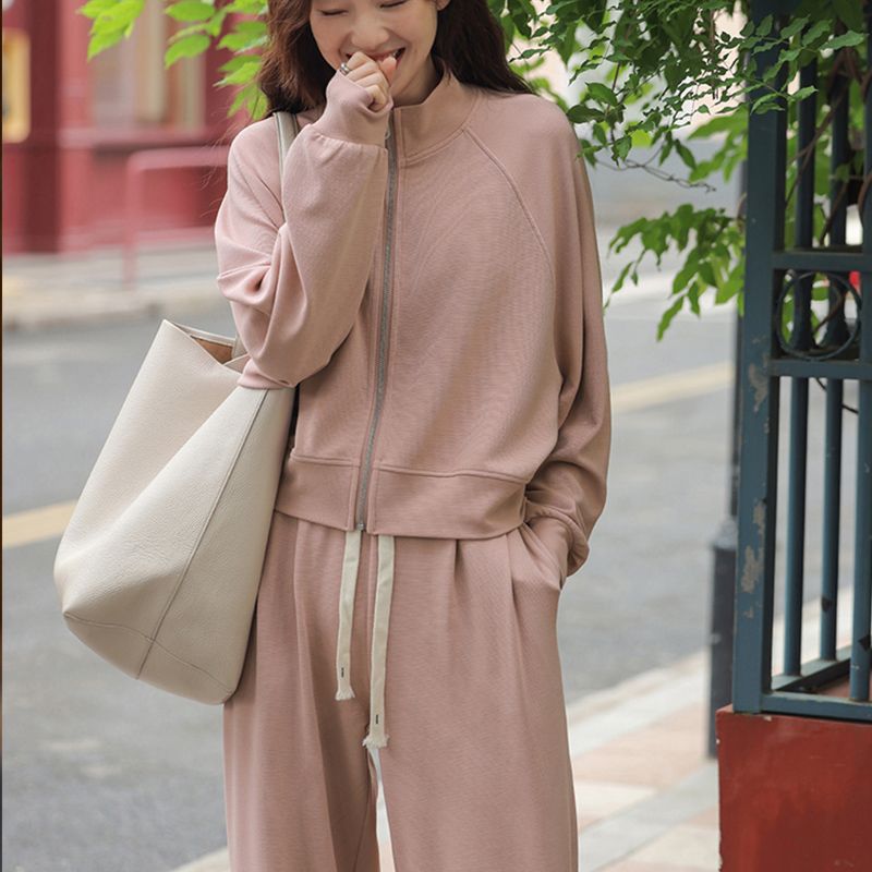 Casual Sportswear Two-Piece Set Loose Lightweight Stand-Up Collar Zip-Up Hoodie Jacket Fashion Stylish Long Pants Outfit Women