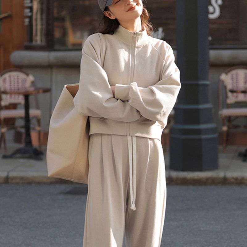 Casual Sportswear Two-Piece Set Loose Lightweight Stand-Up Collar Zip-Up Hoodie Jacket Fashion Stylish Long Pants Outfit Women
