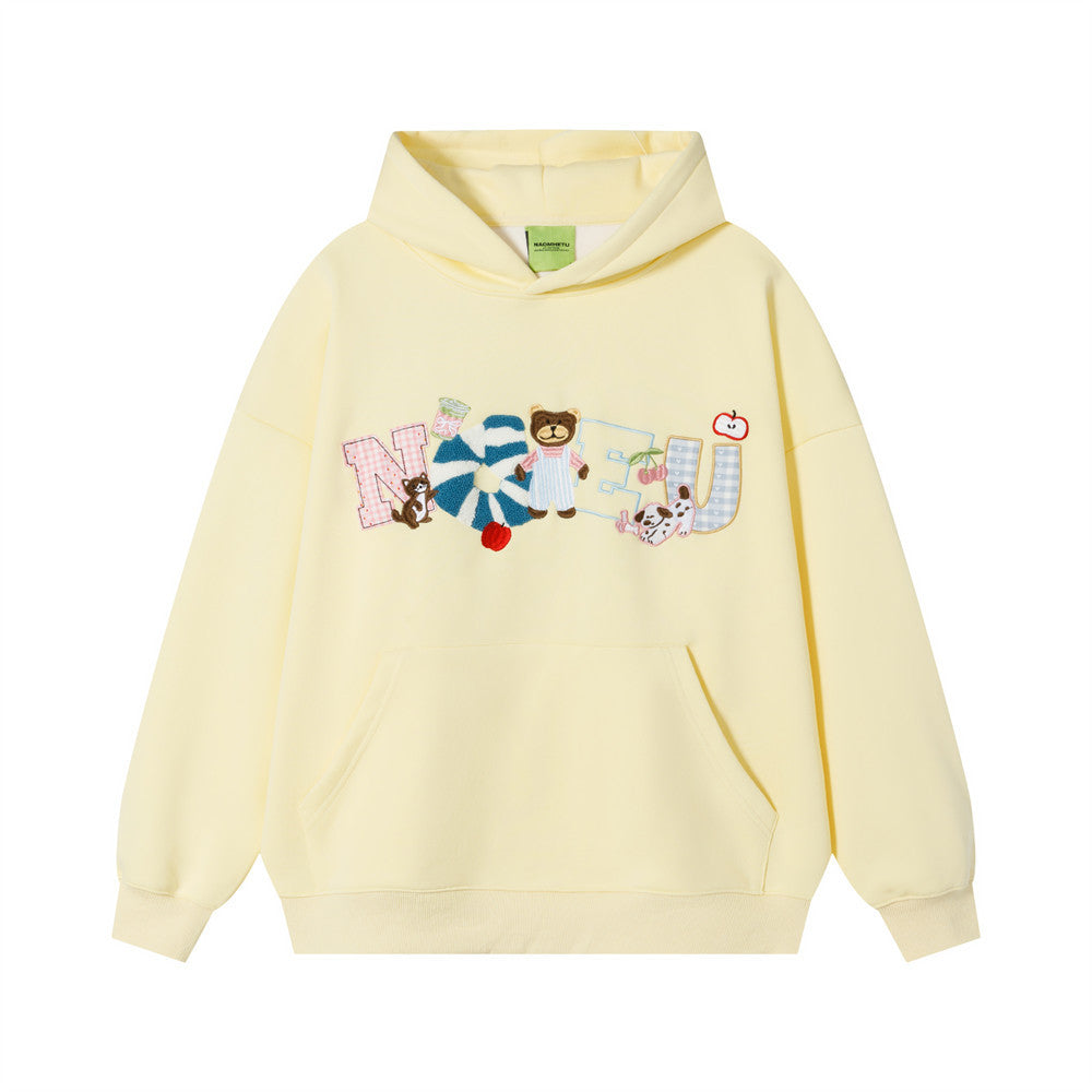 Cartoon teddy bear embroidered fleece hooded sweatshirt