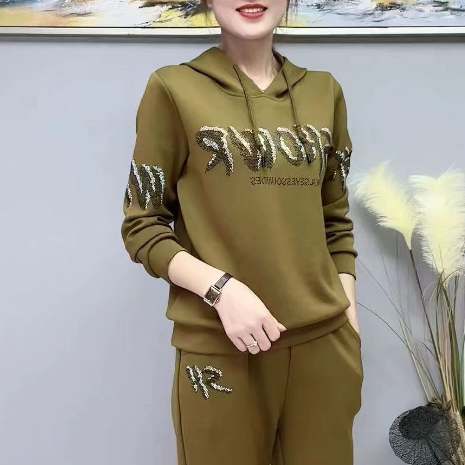 Stylish Rhinestone Embellished Loose Hooded Tracksuit Set for Women, Plus Size, Autumn and Spring, Slimming Design, Two-Piece Outfit