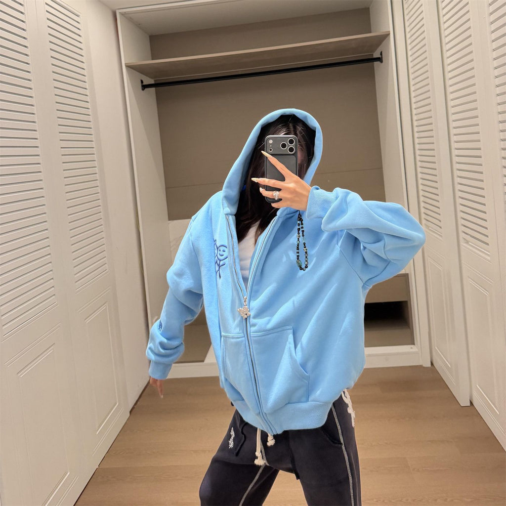 Chalkstick Embroidery Hoodie, Loose Casual Open Front Jacket