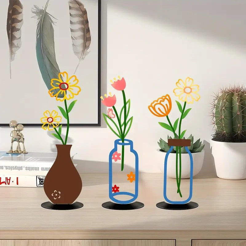 Wall Decoration Art Piece - 2D Flat Colorful Printed Vase with Flower Insert, Wall Silhouette for Living Room Interior Decor