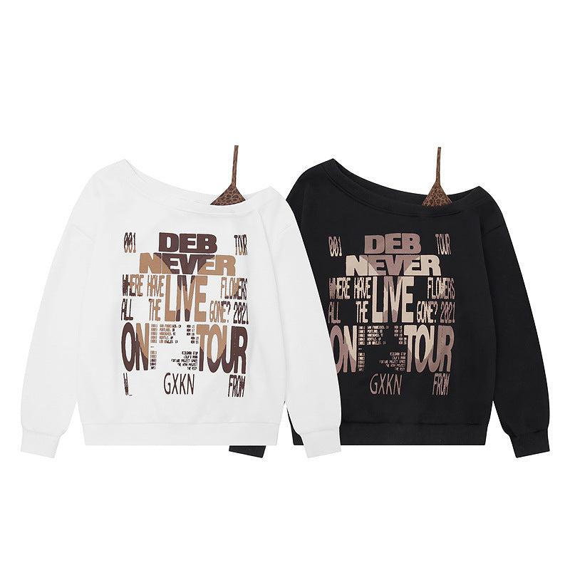 Slanted shoulder off shoulder short hoodie with stacked leopard print