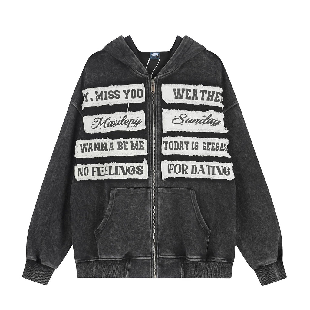 Letter printed hooded zipper sweatshirt cardigan